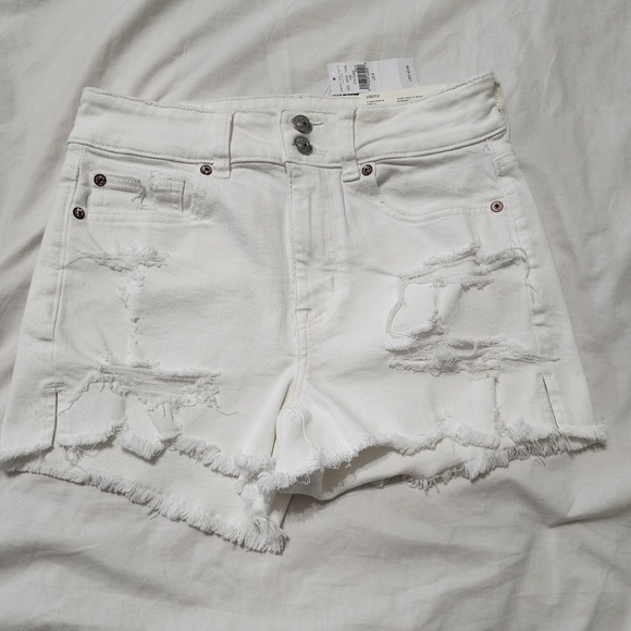American Eagle Super Hi-Rise Shortie White Denim Shorts 6 Stretch Distressed New - Picture 2 of 8